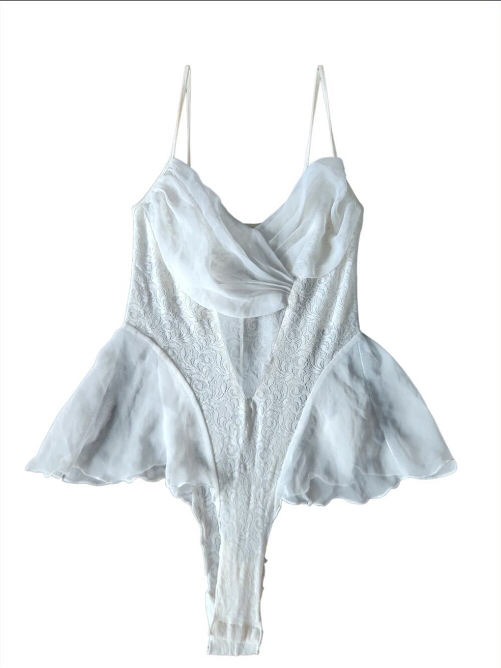 Victoria's Secret Gold Label Vtg 80s Off White Lace Teddy Thong Bodysuit Size S
